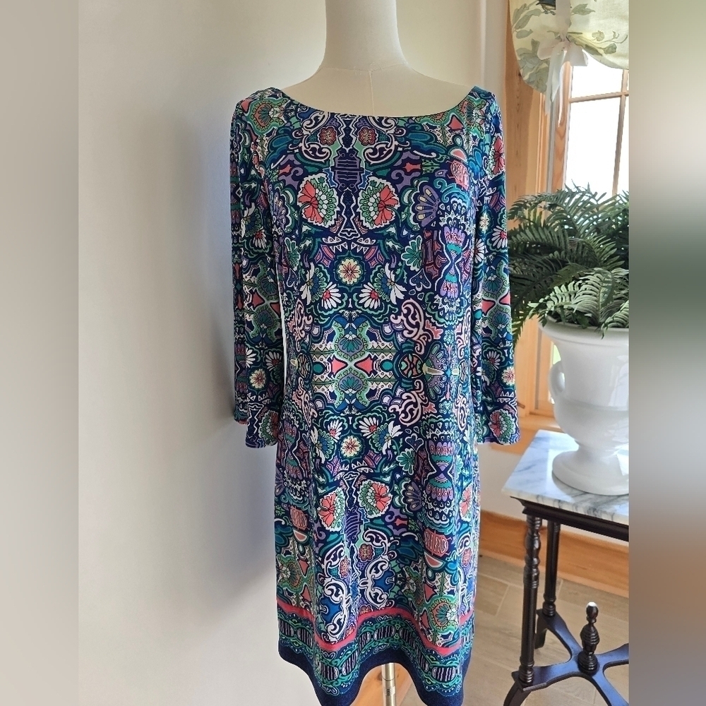 Laundry By Shelli Segal Blue Floral Paisley Shift Cut-Out Back 3/4 Sleeve Sz. S